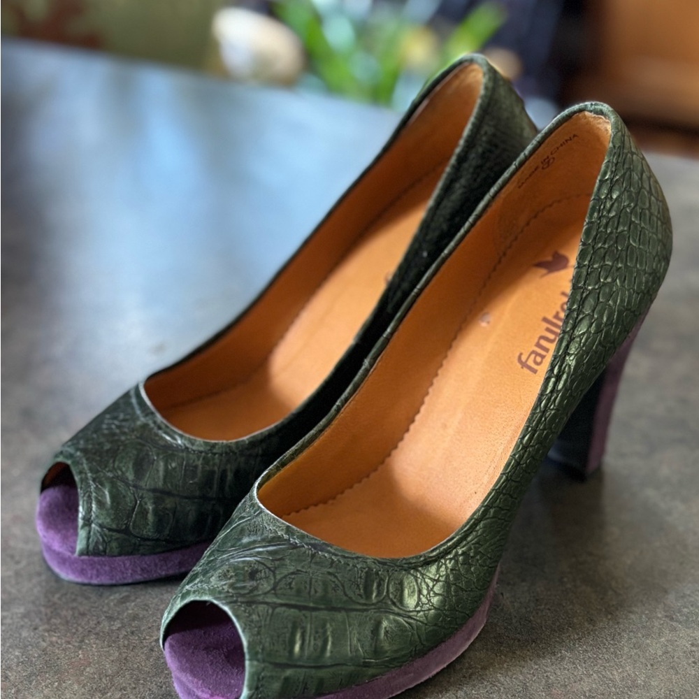 Farylrobin Green Leather and Purple Suede Textured Heels from Anthropologie